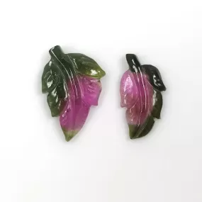 7.43cts Natural Untreated Watermelon TOURMALINE Gemstone Hand Carved Leaves 18*12.5mm - 16.5*9mm 2pcs For Jewelry