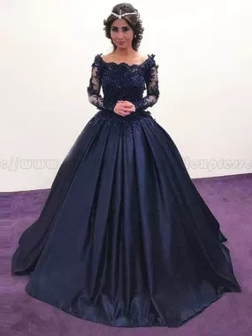 Black Ball Gown Prom Dress Plus Size Long Sleeve Satin Evenng Dress ER2045