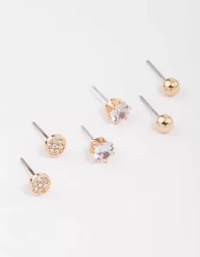 Gold Glitter Diamante Stud Earring 3-Pack