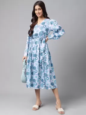 Grey Satin Digital Floral Printed Flared Dress