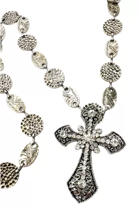 Large Silver Ornate Cross Pendant Necklace