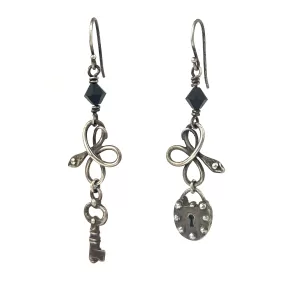 Lock and Key Charm Earrings - Black Crystal in SILVER