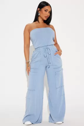 Lounge Around Washed Jumpsuit - Light Blue