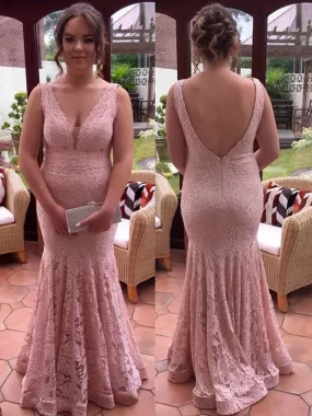 Plus Sinze Mermaid Prom Dress Lace Pink Prom Dress #ER129