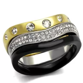 WildKlass Stainless Steel Ring IP Gold  IP Black Women Top Grade Crystal Clear