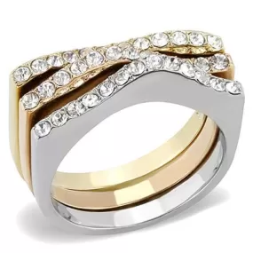 WildKlass Stainless Steel Ring Three Tone IP（IP Gold & IP Rose Gold & High Polished Women Top Grade Crystal Clear